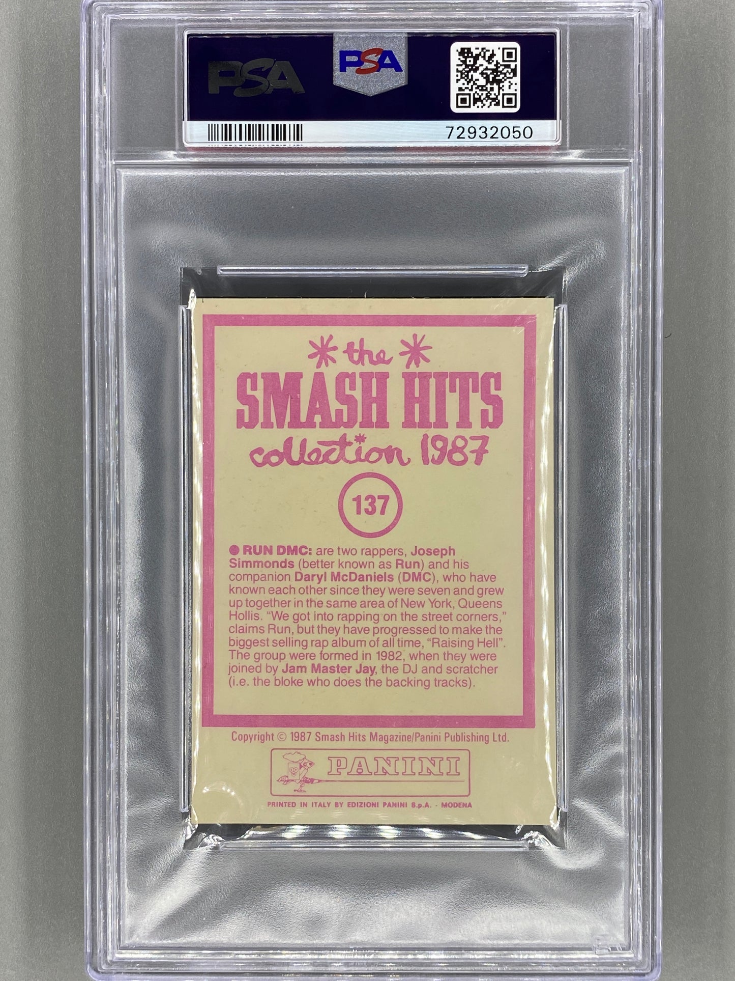 1987 Panini #137 Run DMC Smash Hits Collection PSA 7 Pop 2 (Music)