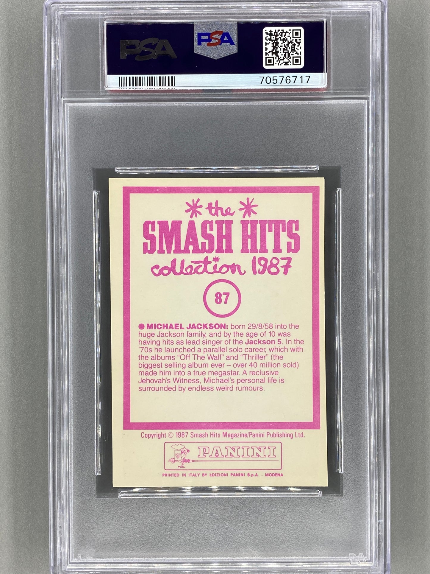 1987 Panini #87 Michael Jackson Smash Hits Collection PSA 8 - Pop 2 (Music)