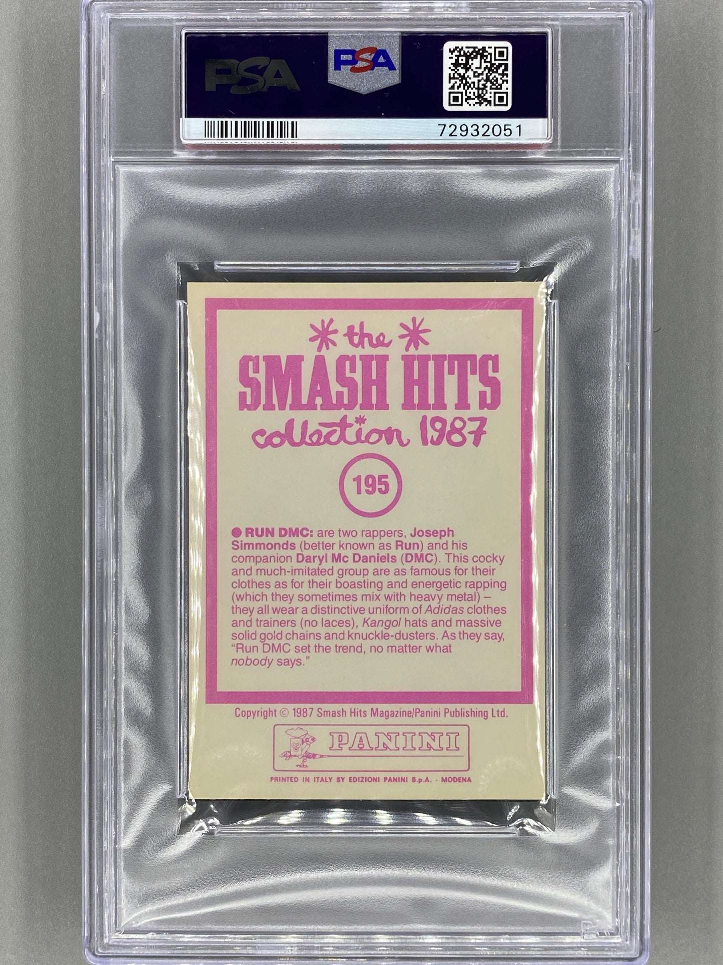 1987 Panini #195 Run DMC Smash Hits Collection PSA 7 Pop 2 (Music)